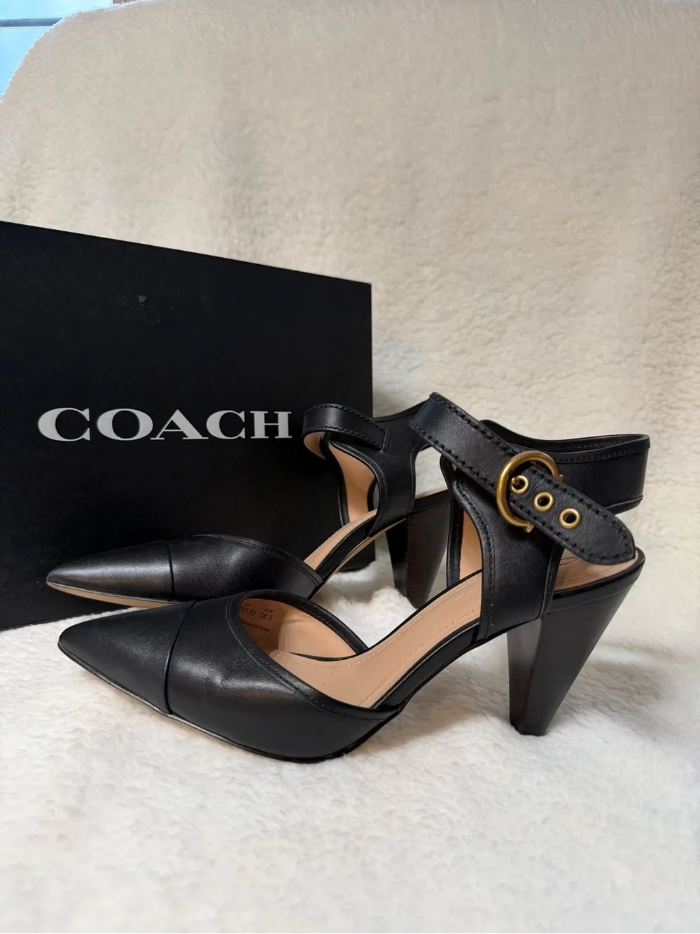 Coach Black Leather Pointed-Toe Ankle-Strap Heels with Gold Buckle